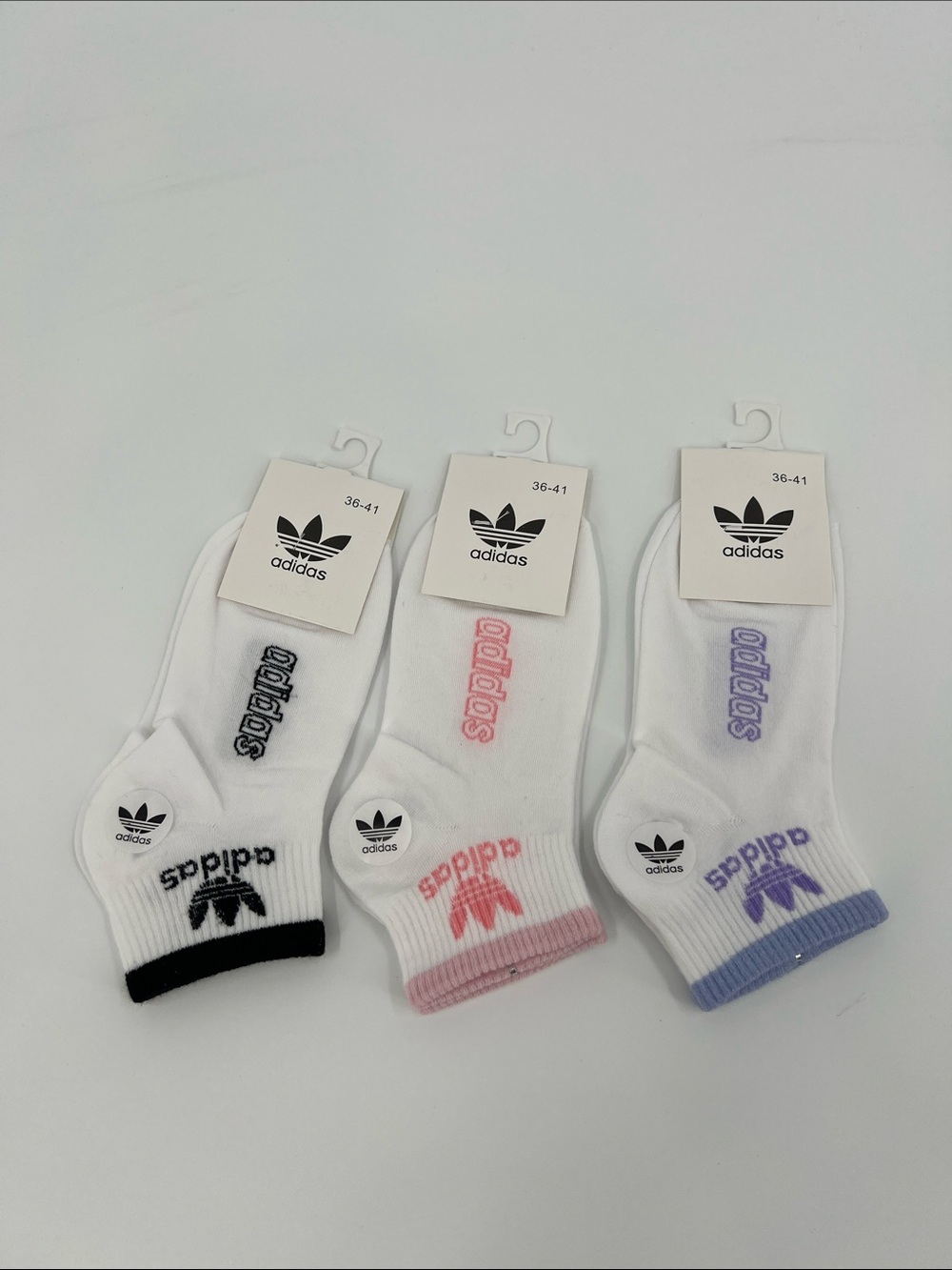 adidas  3-Pack Low Cut Socks in White with Black, Pink & Lavender Accents